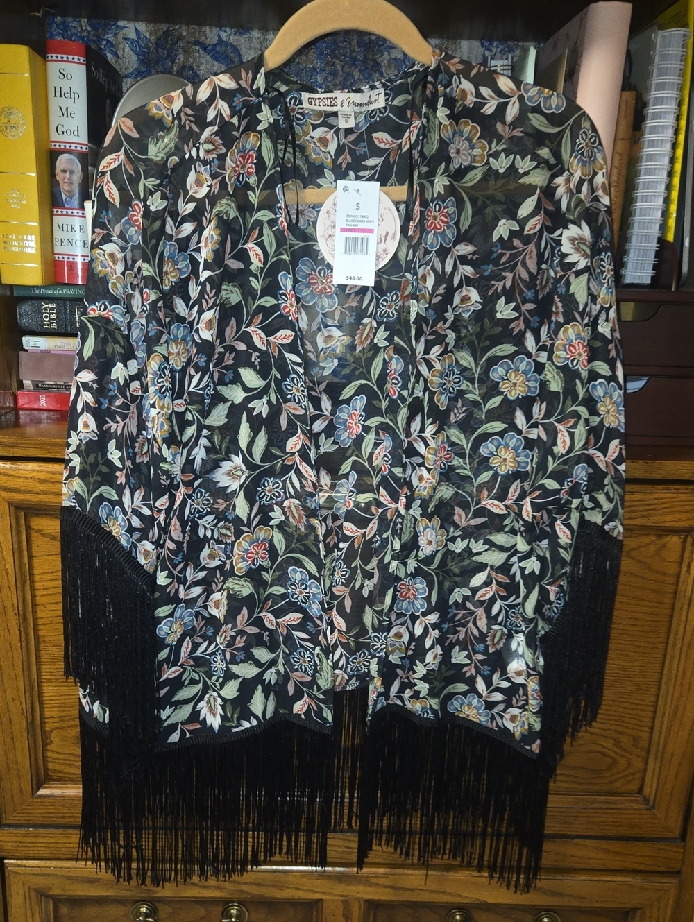 Gypsies & Moondust Floral Fringe Kimono Cardigan - Black Multicolor Flowers